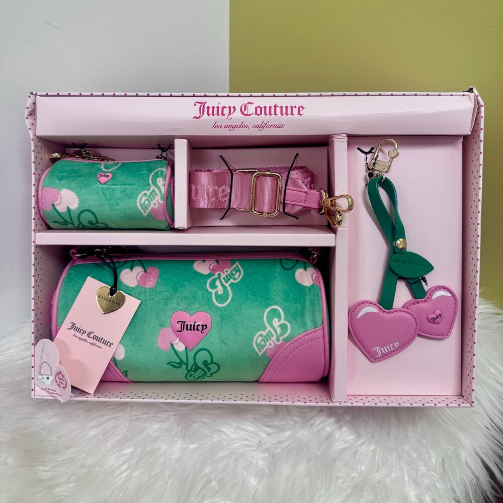 Juicy Couture Heritage Cherry Barrel Bag Gift Set Green Charm Mini Crossbody